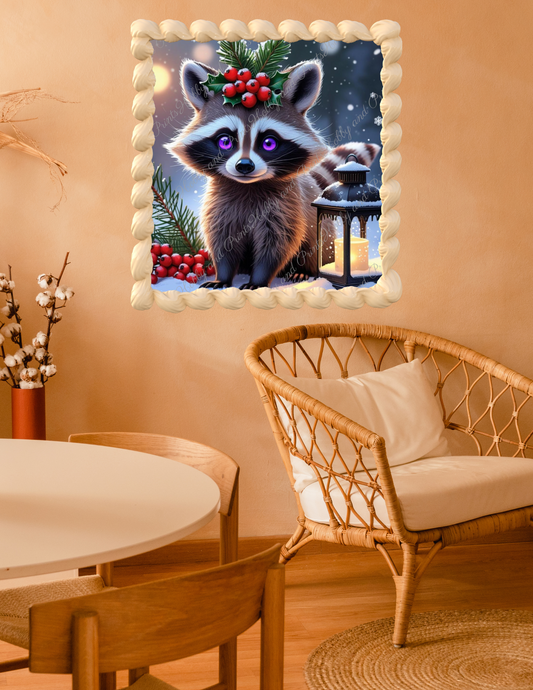 kleiner Waschbär mit violetten Augen im Schnee