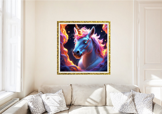 Einhorn mit pinker Mähne im Flammenwirbel