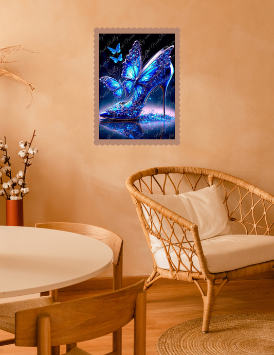 stylischer blauer High Heel mit Schmetterling