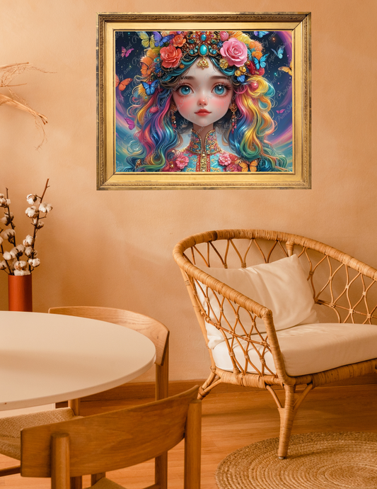 Regenbogenmädchen mit Blumen und Schmetterlingen