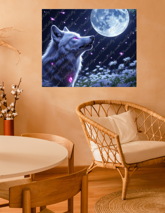 weißer Wolf unter Vollmond