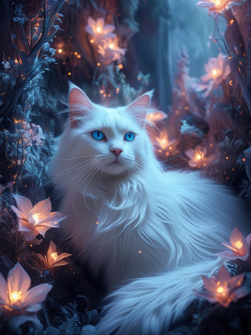 weiße Katze bei Nacht mit leuchtenden Blumen 40*55cm