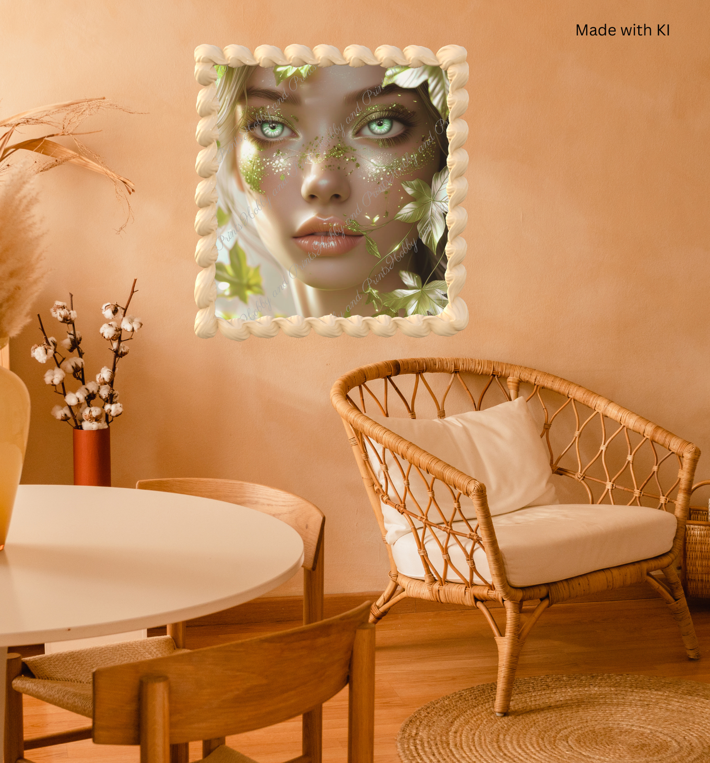 Magisches Frauenportrait Maxima mit goldgrünen Blättern & leuchtenden Augen