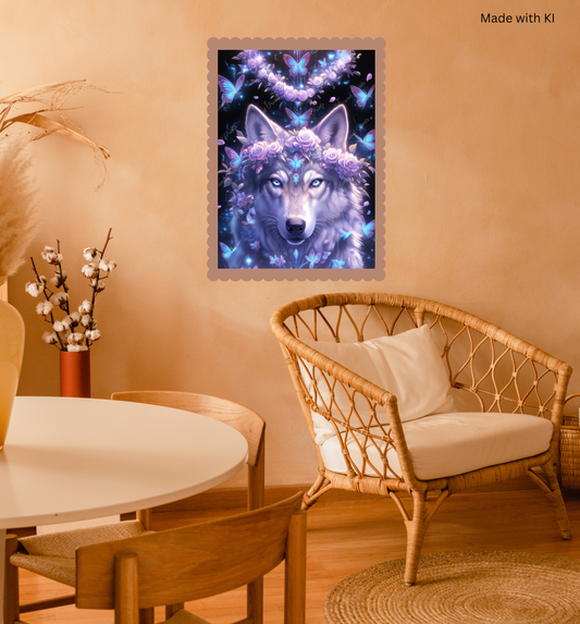 Wolf mit Rosen und Schmetterlingen