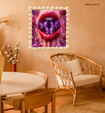Verführerische Lippen mit lila Schmetterlingen & Rosen