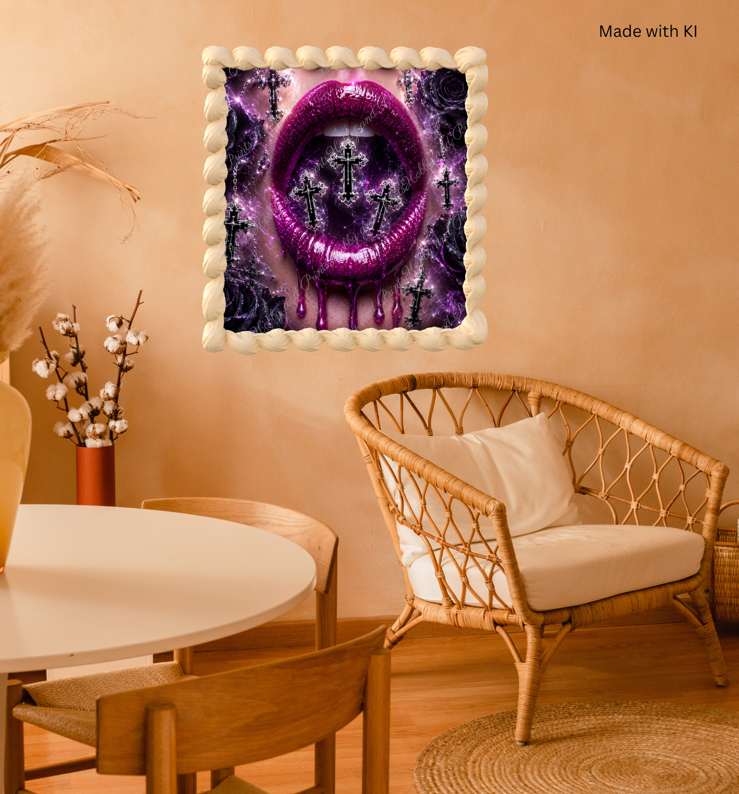 Violette Lippen mit schwarzen Kreuzen und Rosen