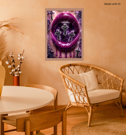 Violette Lippen mit schwarzen Kreuzen und Rosen