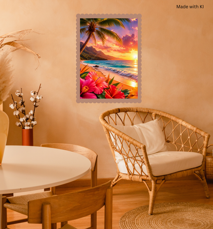 Tropischer Sonnenuntergang – Exotischer Strand mit Hibiskus & Palmen
