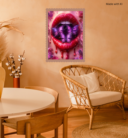 Verführerische Lippen mit lila Schmetterlingen & Rosen