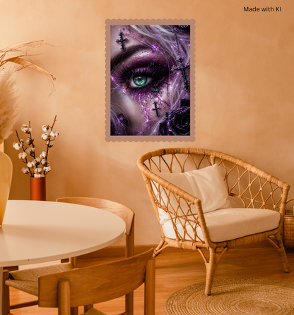 Gothic Auge mit lila Make-up & schwarzen Rosen