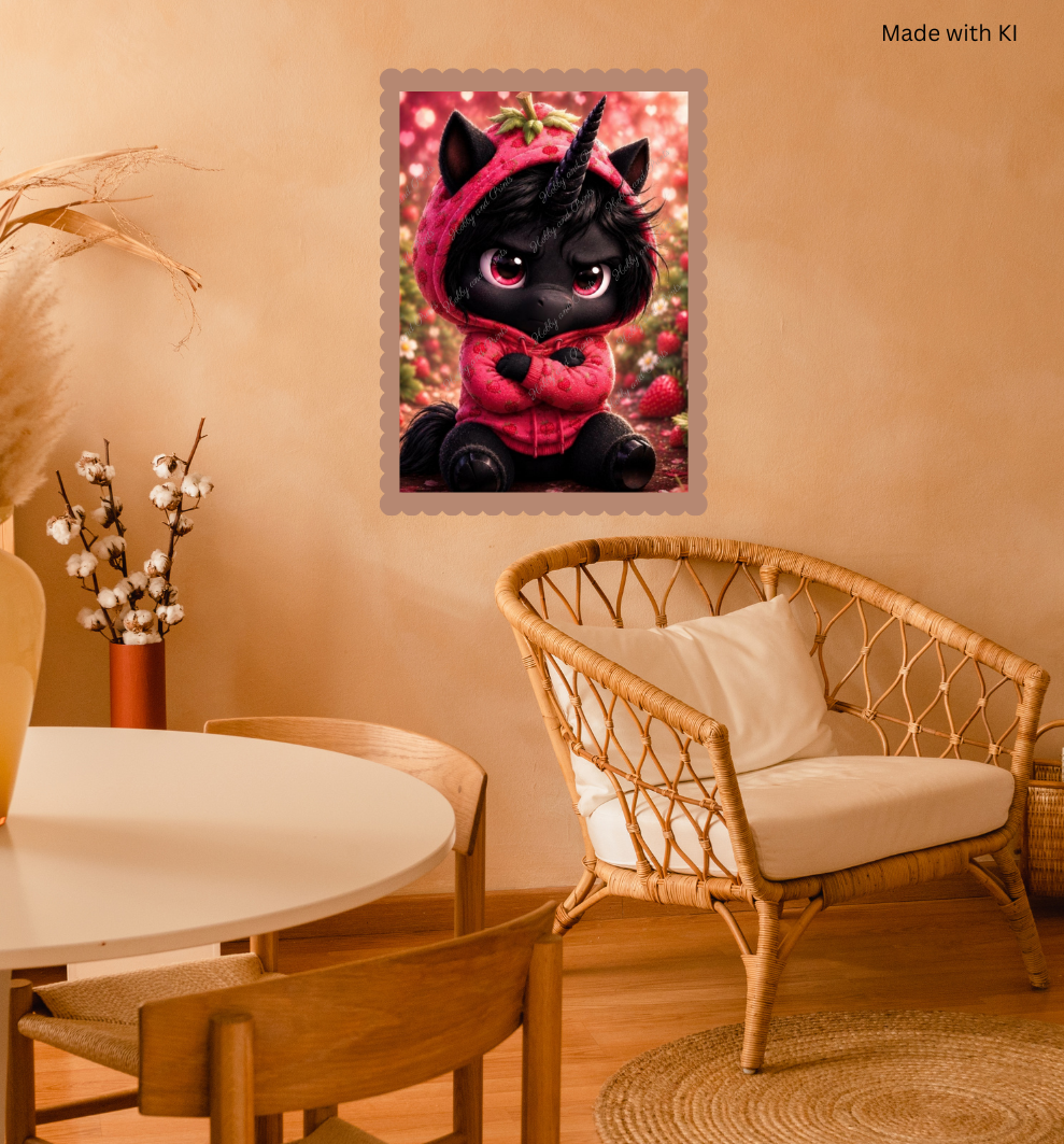 Schwarzes Fantasy Einhorn mit Erdbeeren