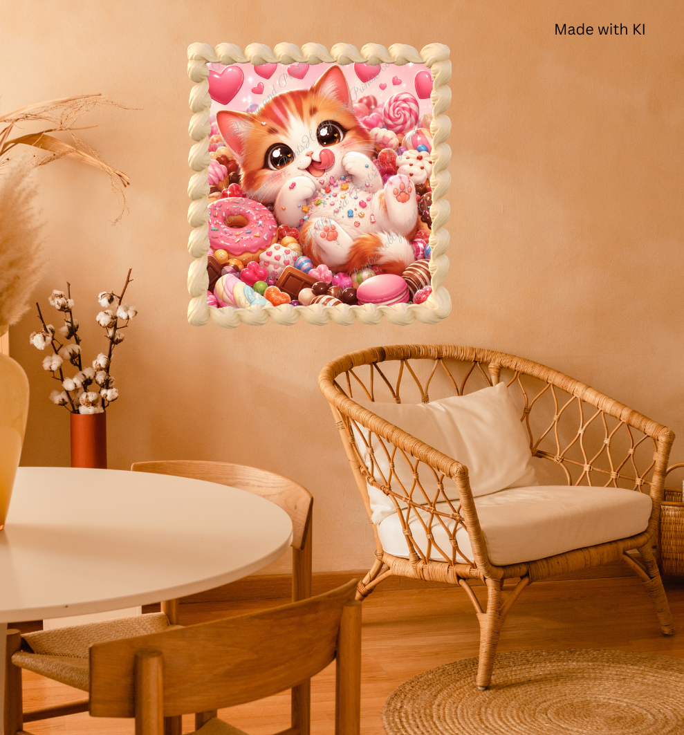 Süße Katze mit Süßigkeiten, Donuts & Bonbons