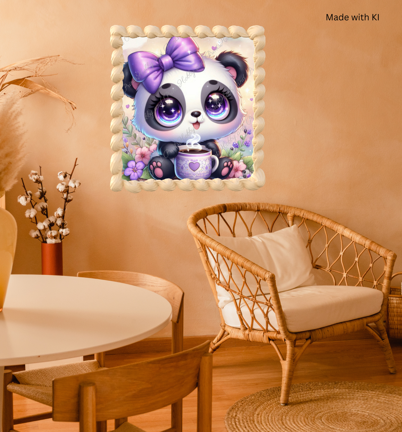 Panda mit lila Schleife & Kaffeetasse