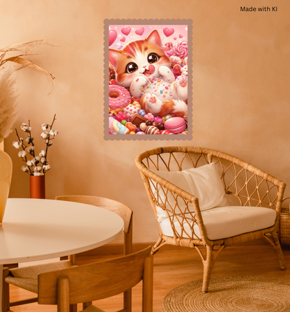 Süße Katze mit Süßigkeiten, Donuts & Bonbons