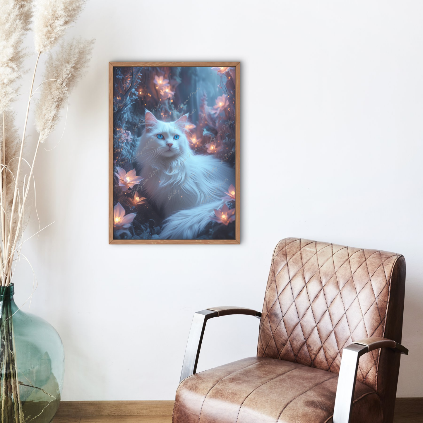 weiße Katze bei Nacht mit leuchtenden Blumen 40*55cm