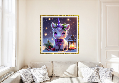 Einhorn mit violetten Horn im Winter