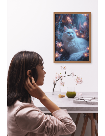 weiße Katze bei Nacht mit leuchtenden Blumen