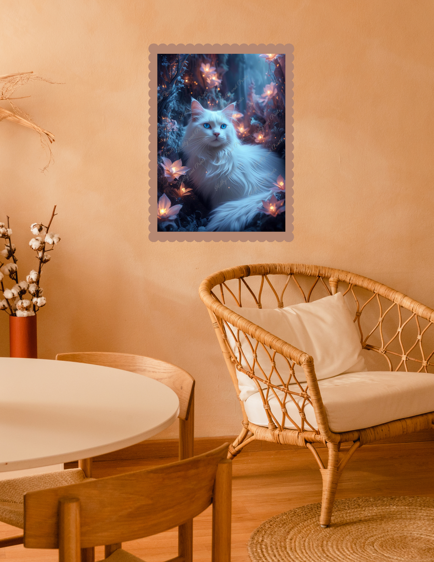 weiße Katze bei Nacht mit leuchtenden Blumen