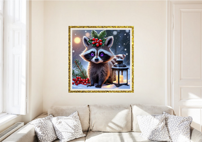 kleiner Waschbär mit violetten Augen im Schnee