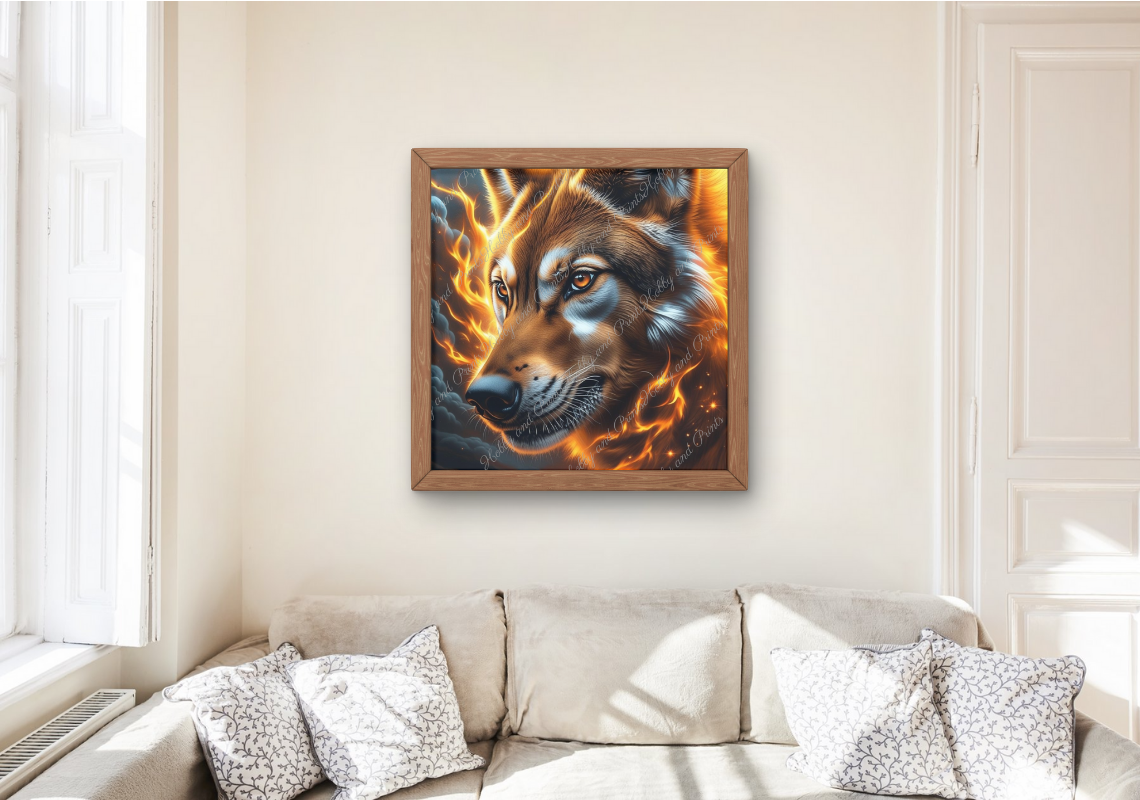 brauner Wolf im Flammenwirbel