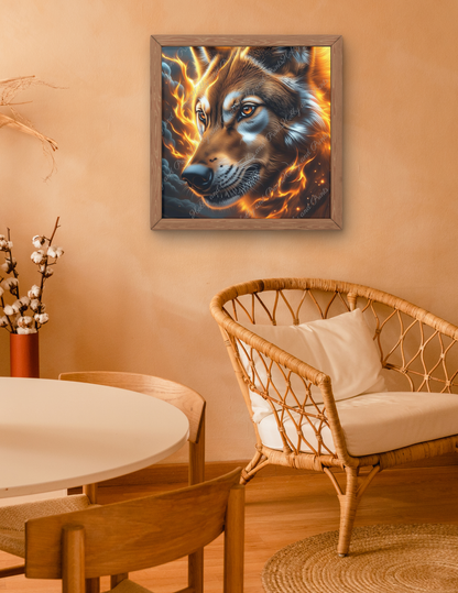 brauner Wolf im Flammenwirbel