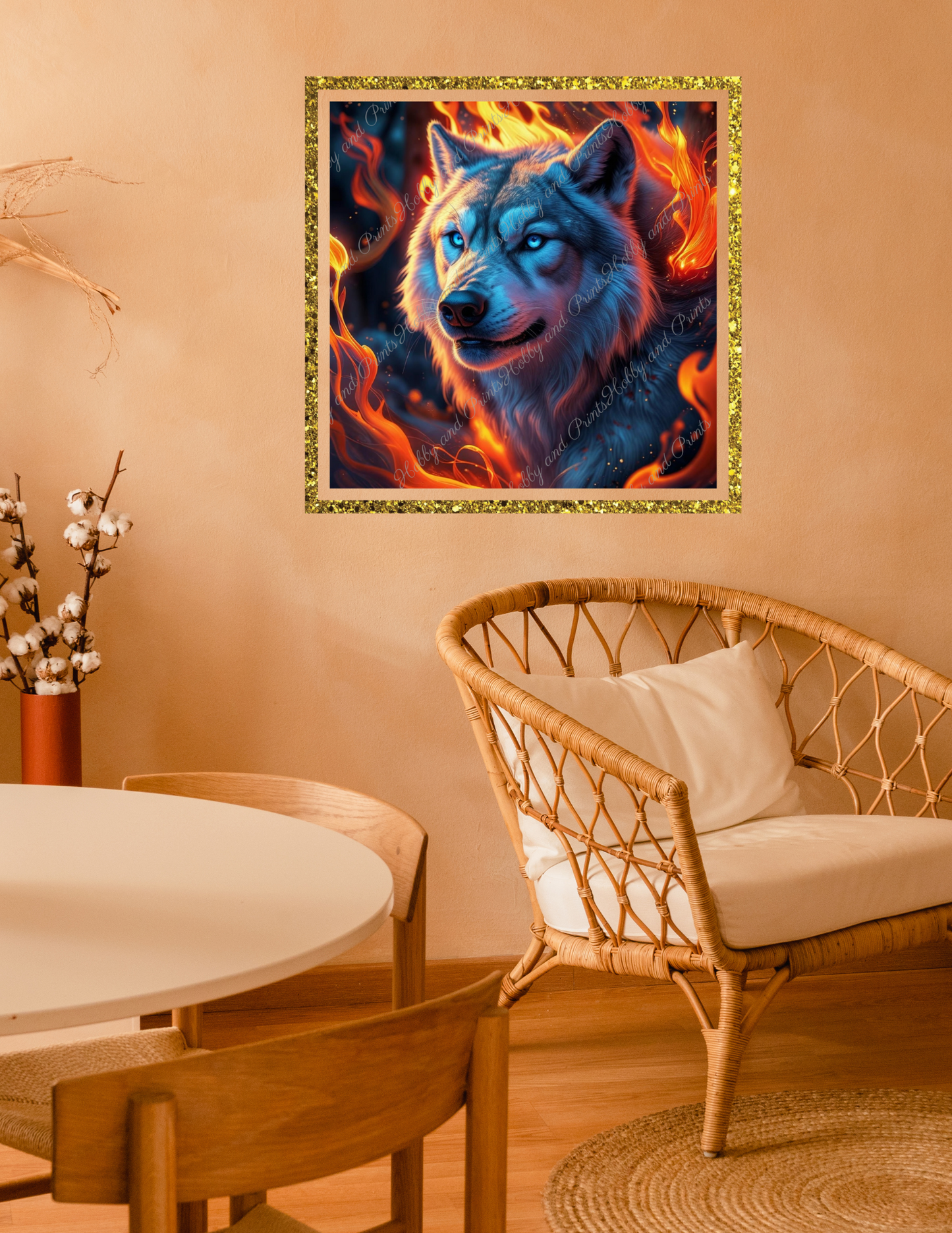 weißer Wolf im Flammenwirbel
