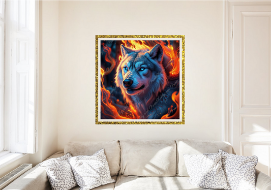 weißer Wolf im Flammenwirbel