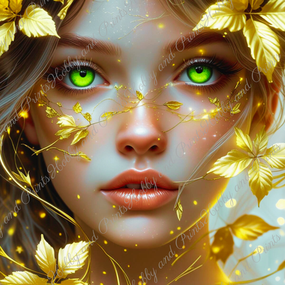 Magisches Frauenportrait Kathleen mit goldenen Blättern & leuchtenden Augen