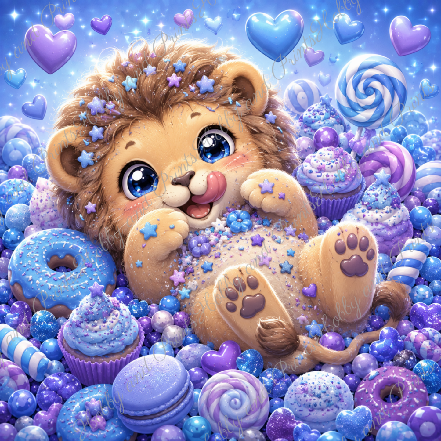 Süßer Löwe mit Süßigkeiten, Donuts & Bonbons