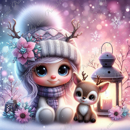Wintermädchen mit Rehkitz & Laterne