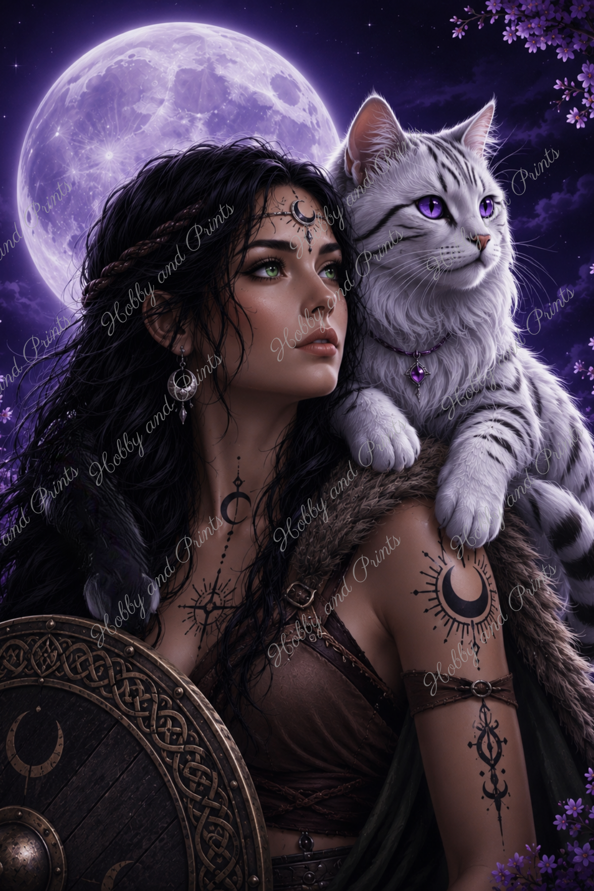 Mondpriesterin mit weißer Maine Coon Katze Luna