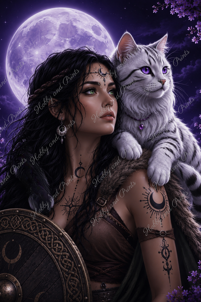Mondpriesterin mit weißer Maine Coon Katze Luna