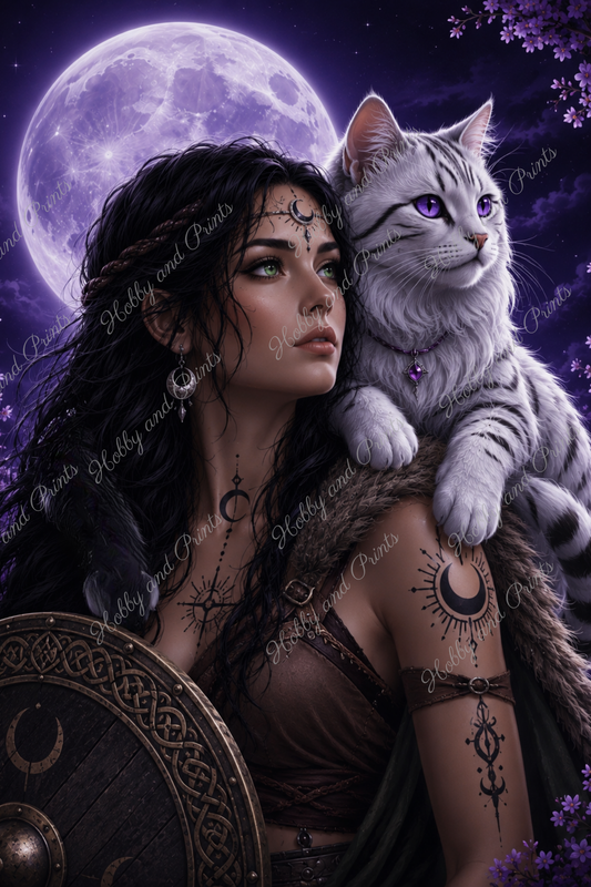 Mondpriesterin mit weißer Maine Coon Katze Luna