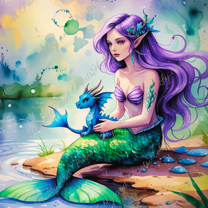 violette Meerjungfrau mit blauen Babydrachen