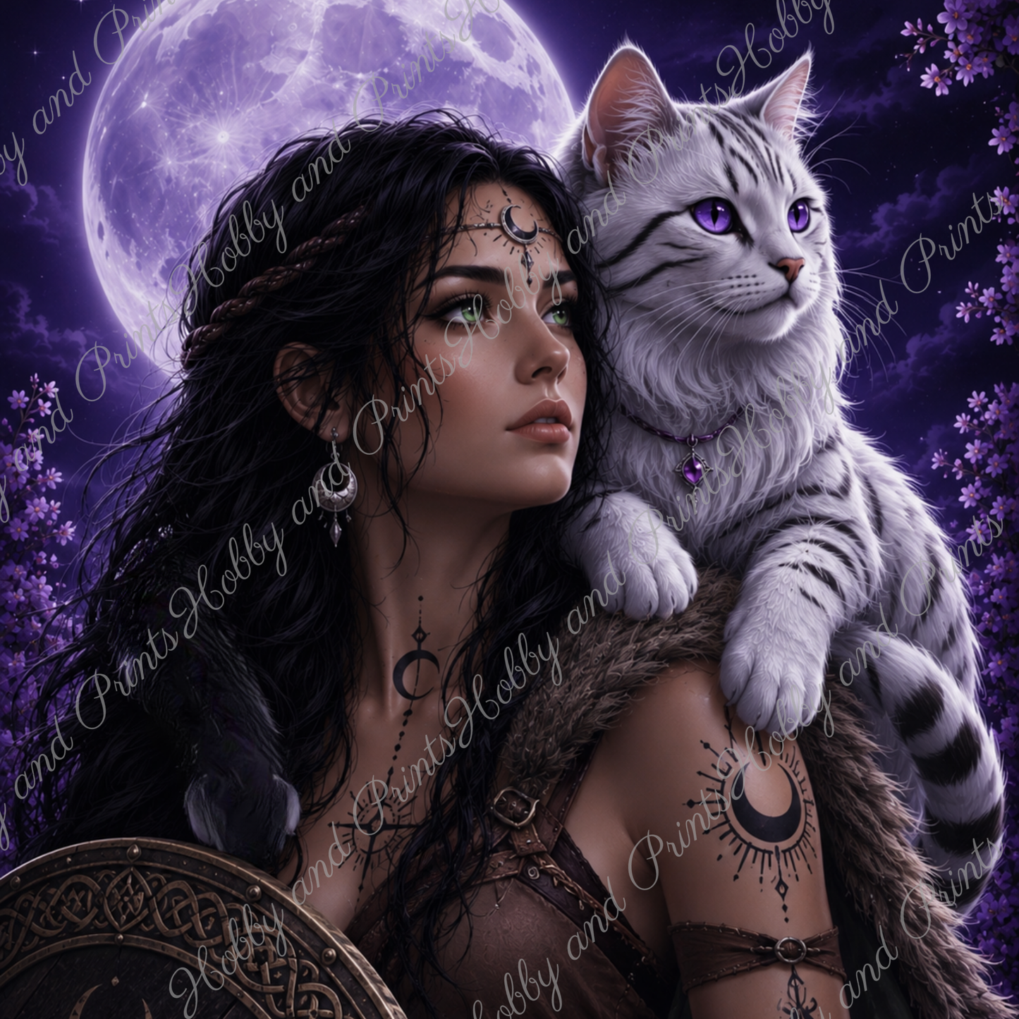 Mondpriesterin mit weißer Maine Coon Katze Luna