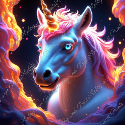 Einhorn mit pinker Mähne im Flammenwirbel