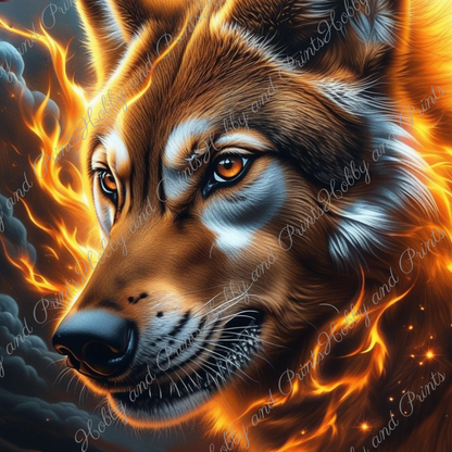 brauner Wolf im Flammenwirbel
