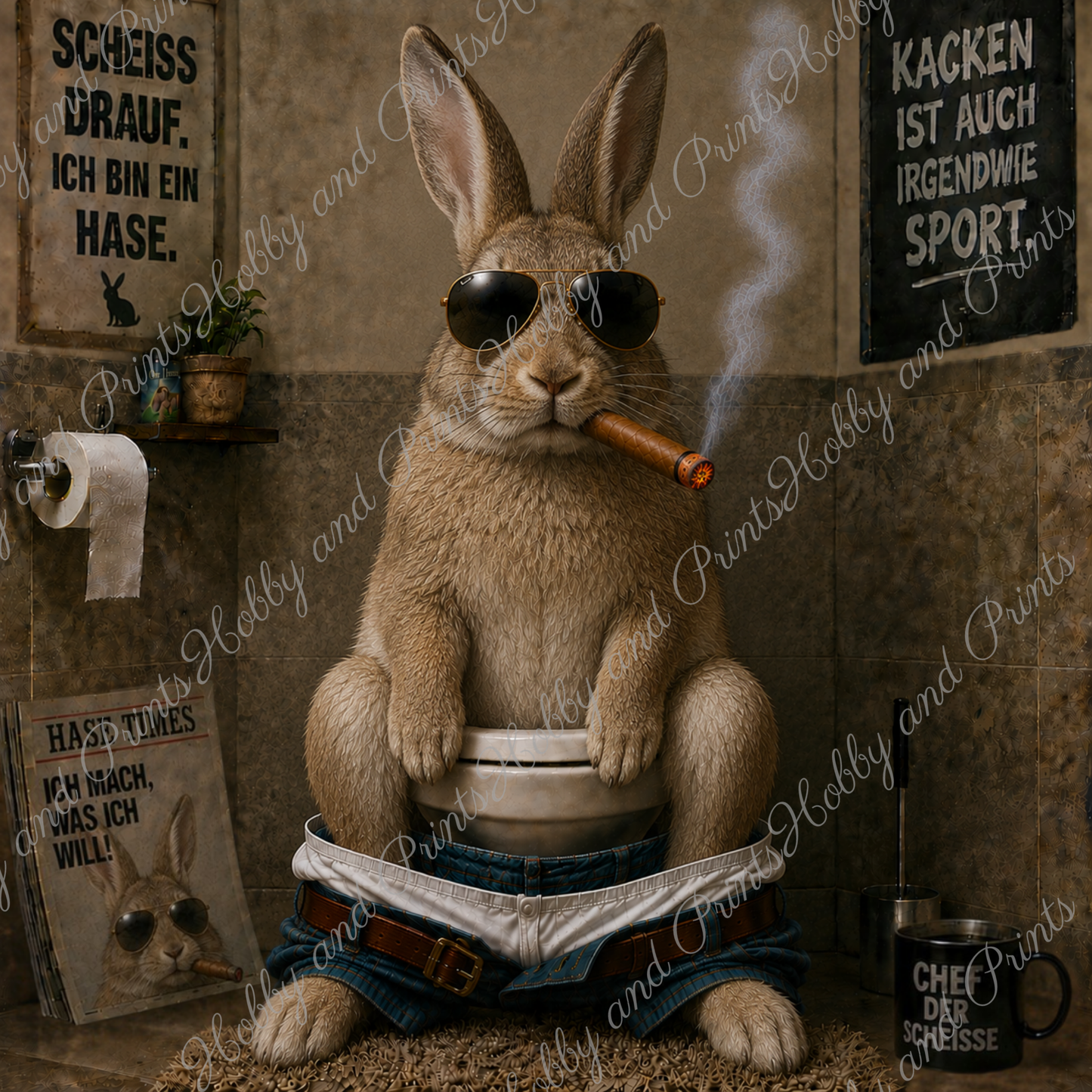 rauchender Hase auf seinem Toilettenthron