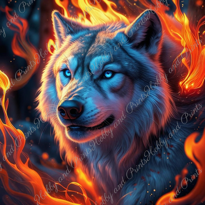 weißer Wolf im Flammenwirbel