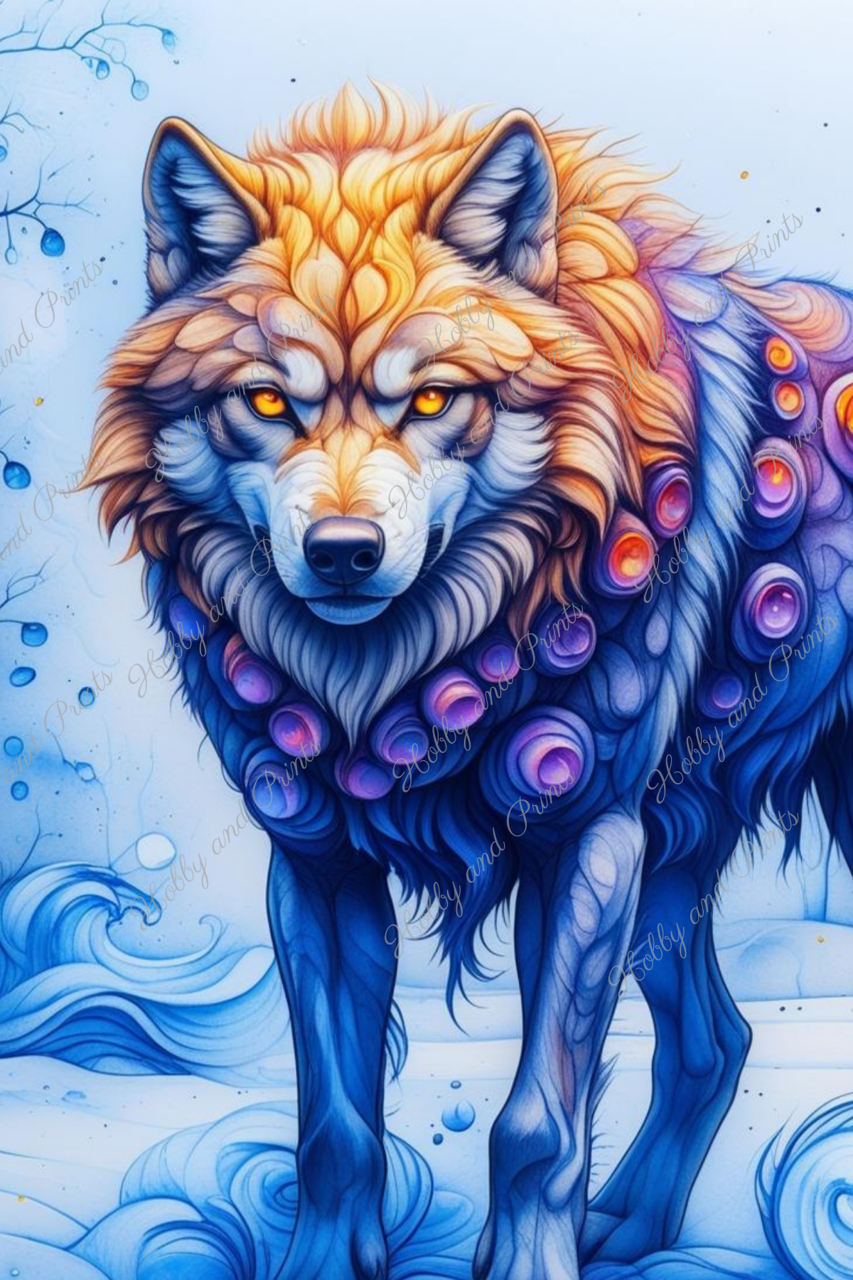 Bunter Wolf in gelb blau