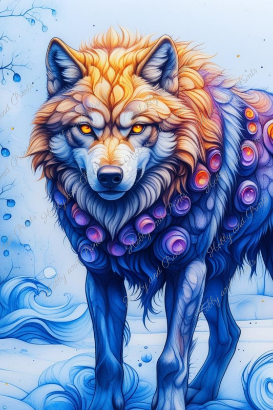 Bunter Wolf in gelb blau