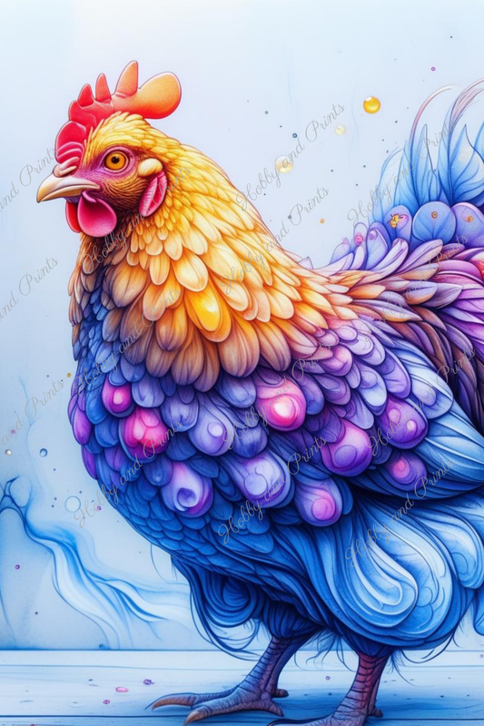 Buntes Huhn in gelb blau