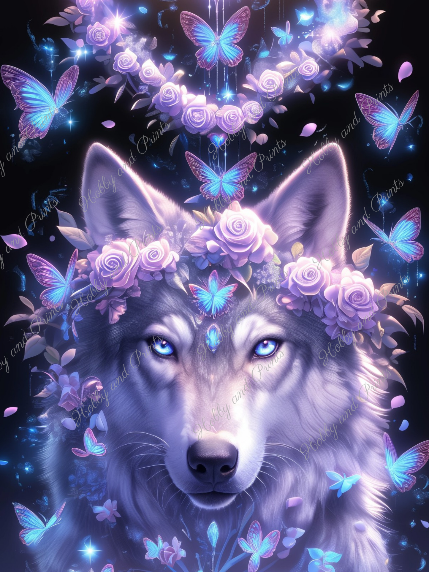 Wolf mit Rosen und Schmetterlingen