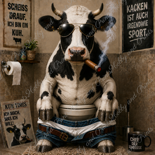 rauchende Kuh auf ihrem Toilettenthron