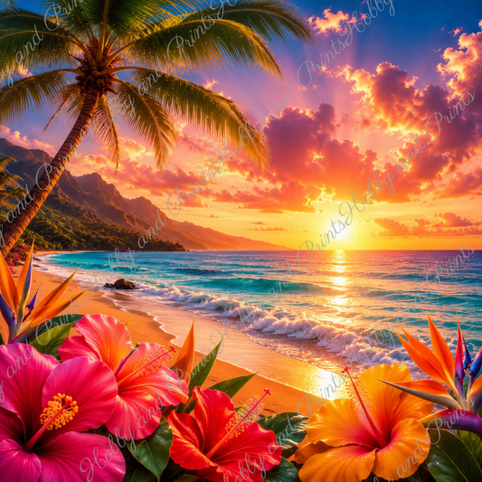 Tropischer Sonnenuntergang – Exotischer Strand mit Hibiskus & Palmen