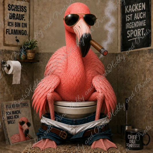 rauchender Flamingo auf seinem Toilettenthron