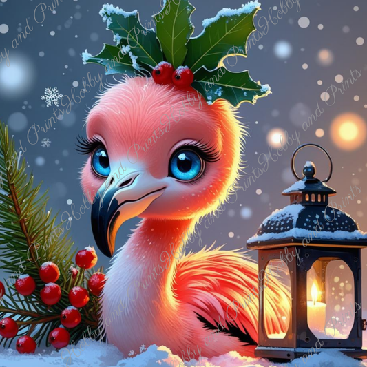 Babyflamingo im Winter mit blauen Augen