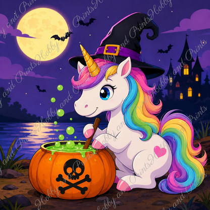 Halloween Einhorn mit Hexenhut