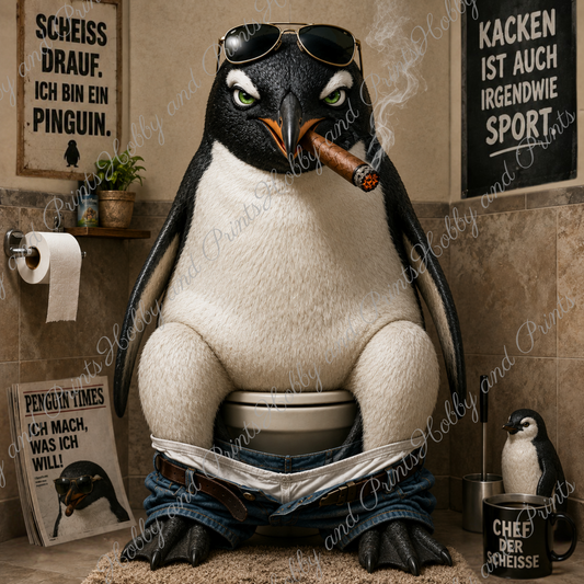rauchender Pinguin auf seinem Toilettenthron