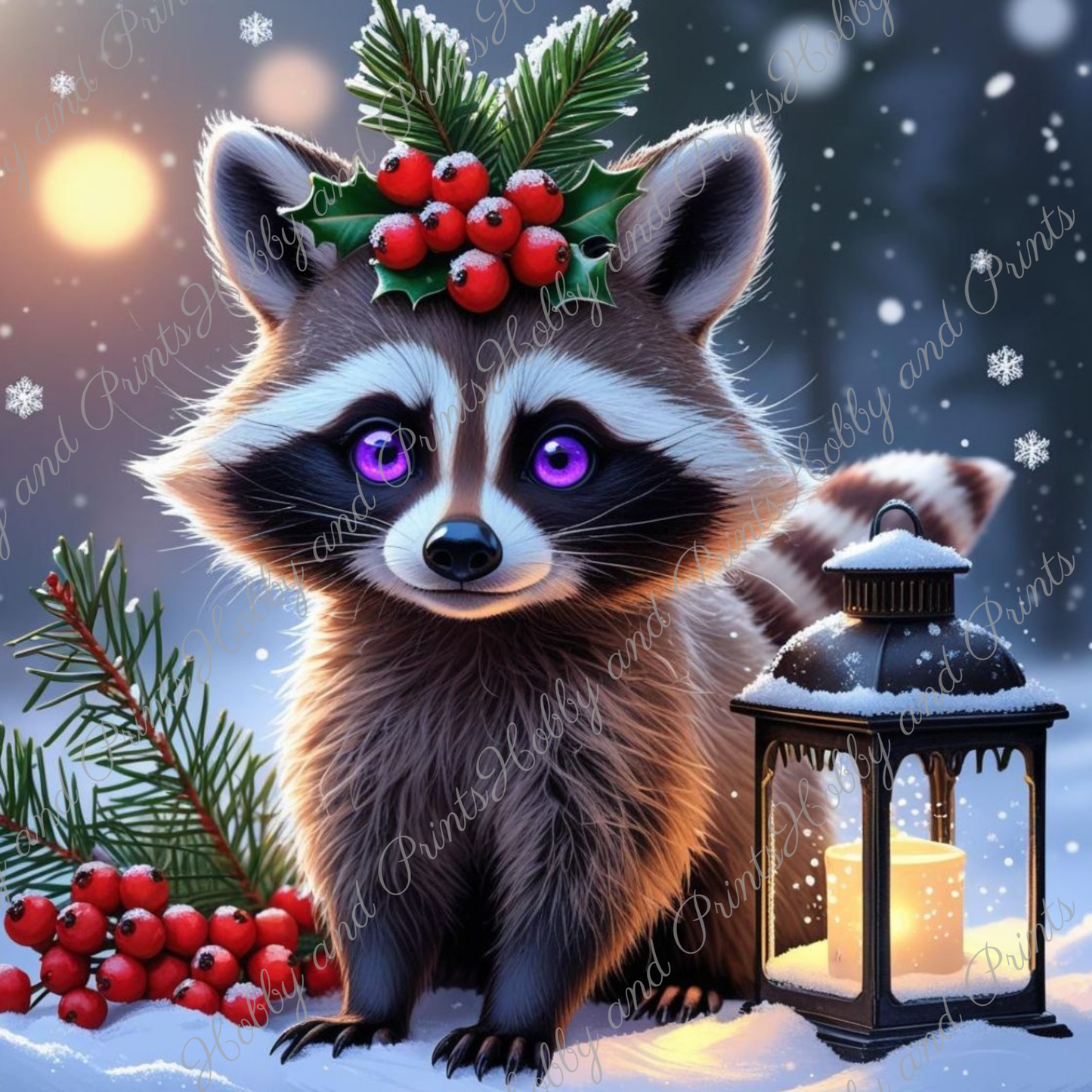 kleiner Waschbär mit violetten Augen im Schnee